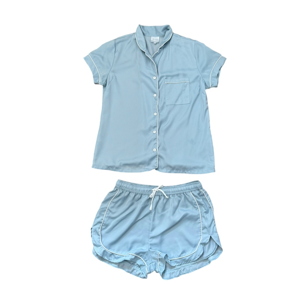 Seline Lounge Bespoke 2 Piece Short Sleep Set Pajamas Satin Baby Blue‎ Medium